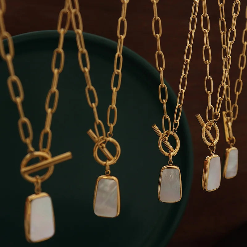 Korean Square Plate Diamond White Sea Shell Pendant Necklace 18K Gold Plated Geometric Earrings Necklace Jewelry Set