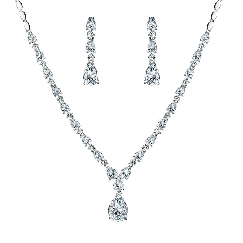 Top Quality 3A Cubic Zirconia Water Drop CZ Necklace and Drop Earring Bridal Wedding Jewelry Sets