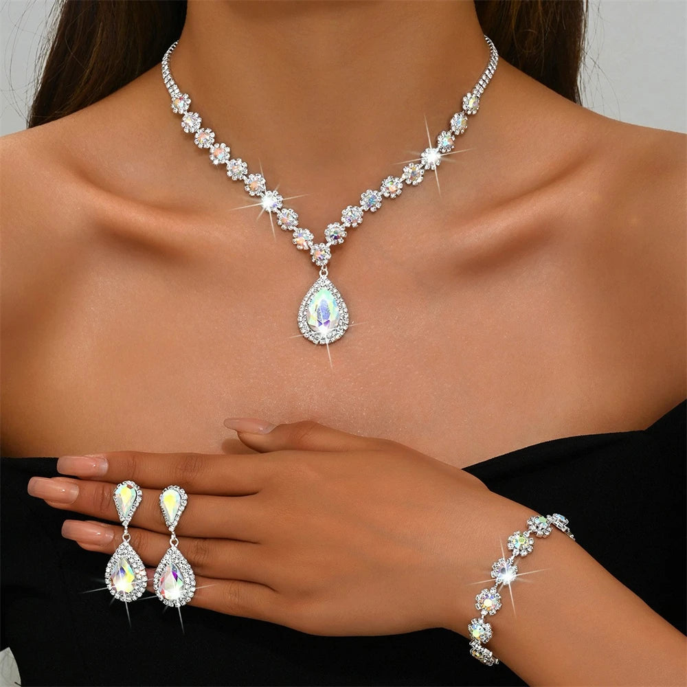 Three-Piece Bridal Wedding Jewelry Set Faux Diamond Flower Embellished Full Necklace and Earrings Stylish Ring Included