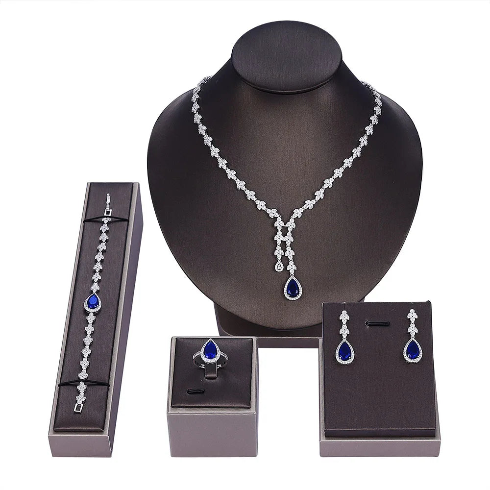 Fashion Water Drop Pendant Necklace and Earrings Sets Women Cubic Zirconia Jewellery Bridal Wedding Jewelry Set