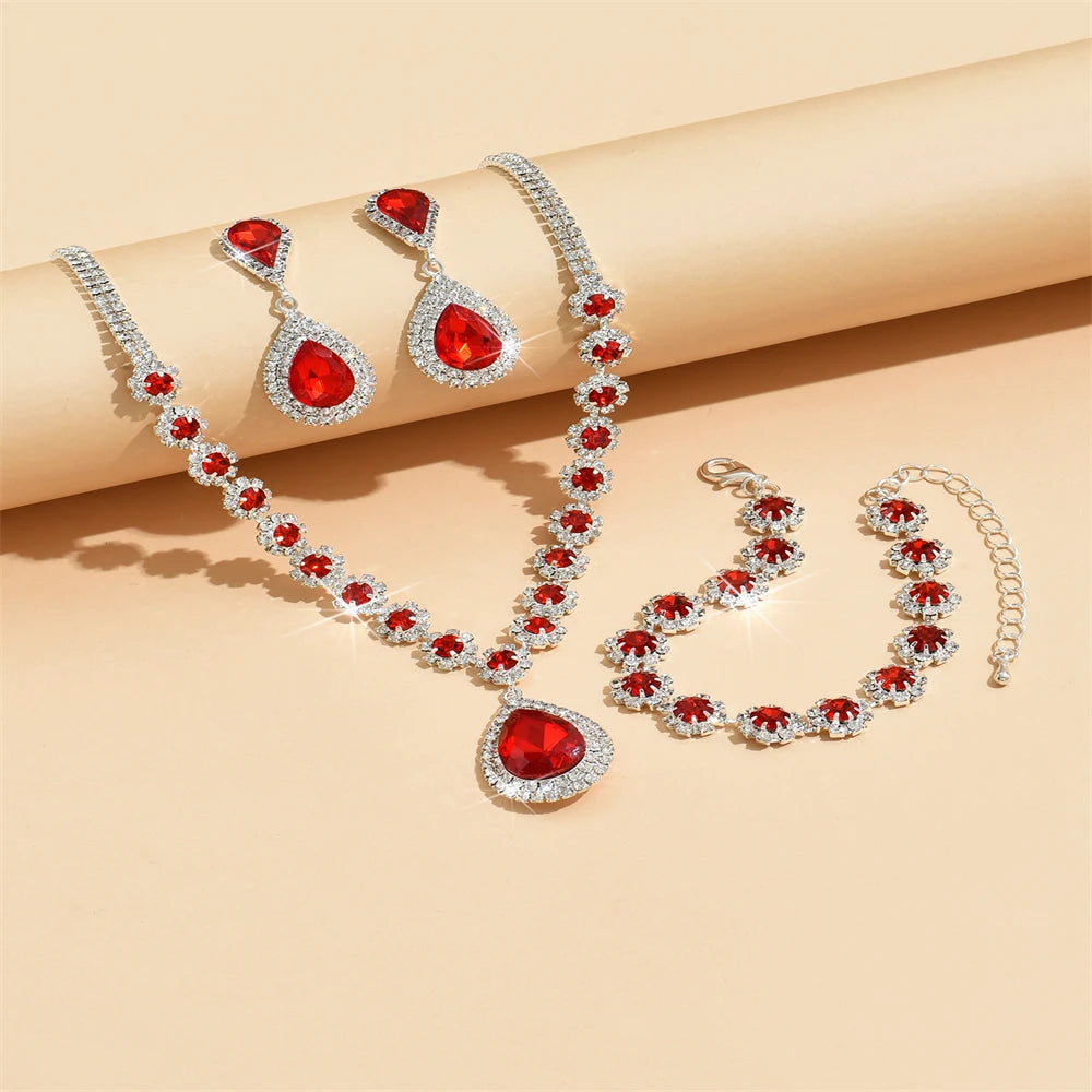 Three-Piece Bridal Wedding Jewelry Set Faux Diamond Flower Embellished Full Necklace and Earrings Stylish Ring Included