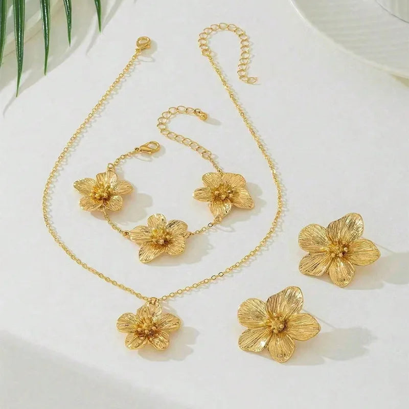 European American Cross-Border Fashion Floral Set for Shein Hot-Selling Golden Stamen Pendant Necklace Bracelet Earrings Women