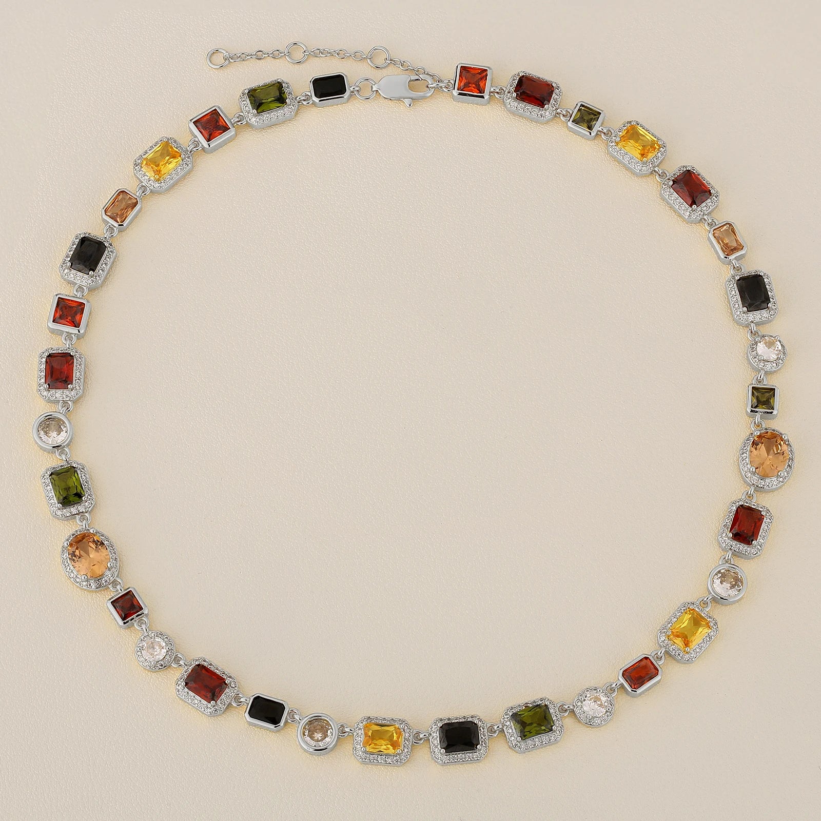 Multi Colored Gem Stone Chain White Gold Plated Vintage Women Choker Jewelry Colorful Rainbow Gemstone Bracelet Necklace Men