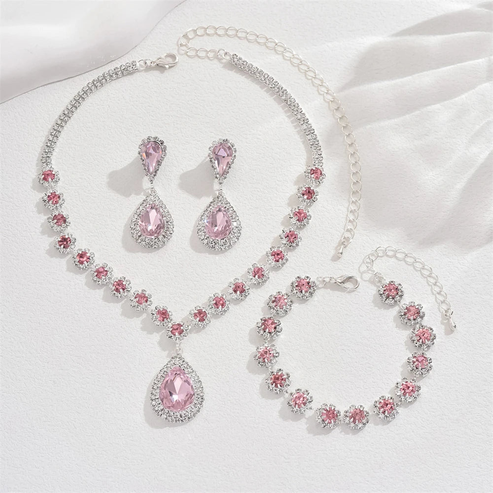 Three-Piece Bridal Wedding Jewelry Set Faux Diamond Flower Embellished Full Necklace and Earrings Stylish Ring Included