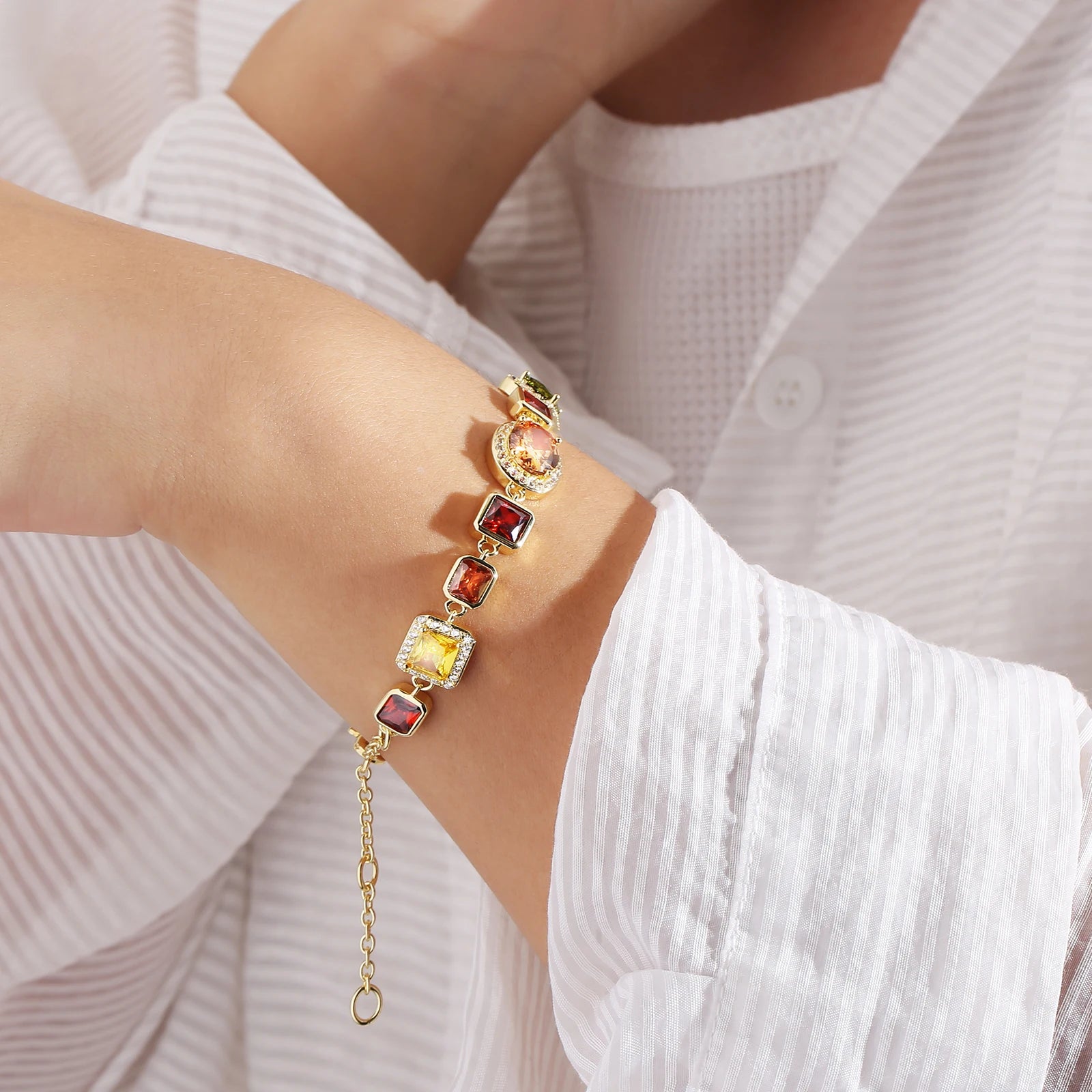 Multi Colored Gem Stone Chain White Gold Plated Vintage Women Choker Jewelry Colorful Rainbow Gemstone Bracelet Necklace Men