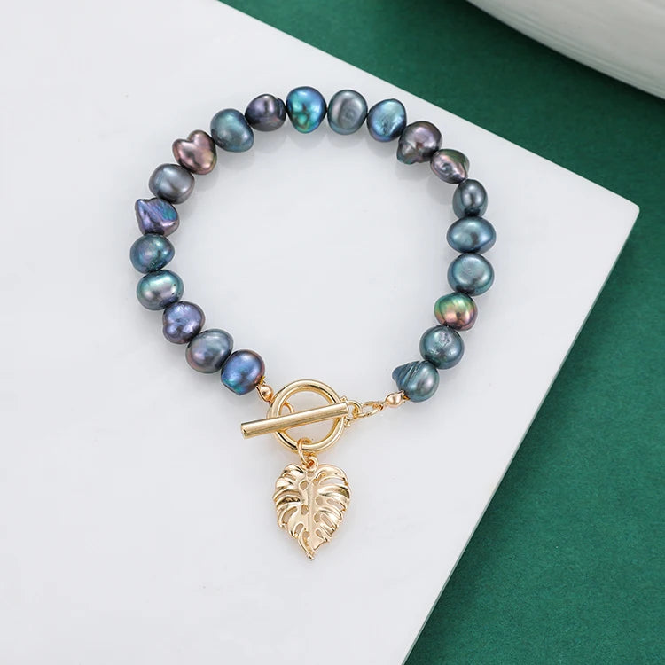 Adjustable Gemstone  Phone Bracelet Real Pearl and Gold Chain Bracelet Black Pearl Men Bracelets Clover