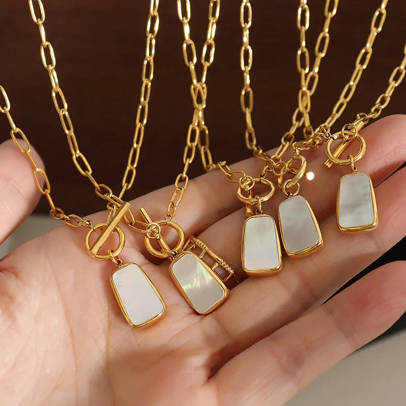 Korean Square Plate Diamond White Sea Shell Pendant Necklace 18K Gold Plated Geometric Earrings Necklace Jewelry Set