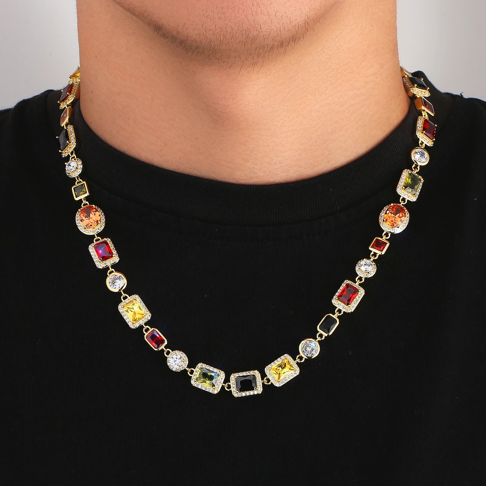 Multi Colored Gem Stone Chain White Gold Plated Vintage Women Choker Jewelry Colorful Rainbow Gemstone Bracelet Necklace Men