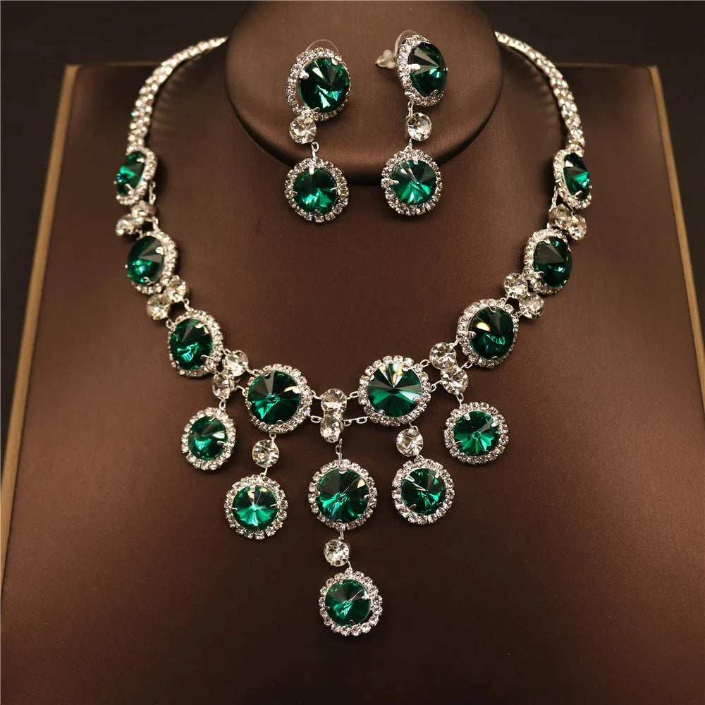 Green Women Crystal Necklace Earring Set Luxury Statement Bridal Party Jewelry Sets Formal Dress