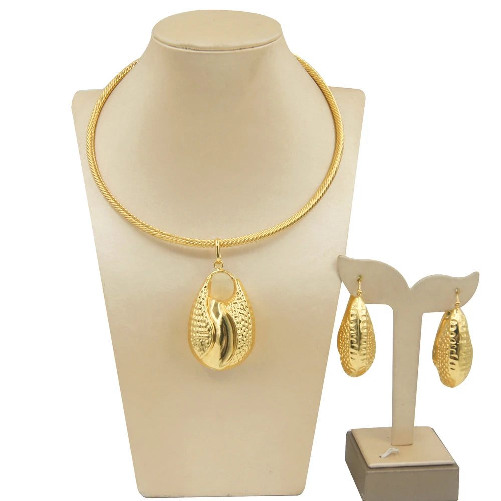 Yulaili Fashion Jewelry Set Gold-Tone Textured Teardrop Pendant Necklace &amp; Hoop Earrings