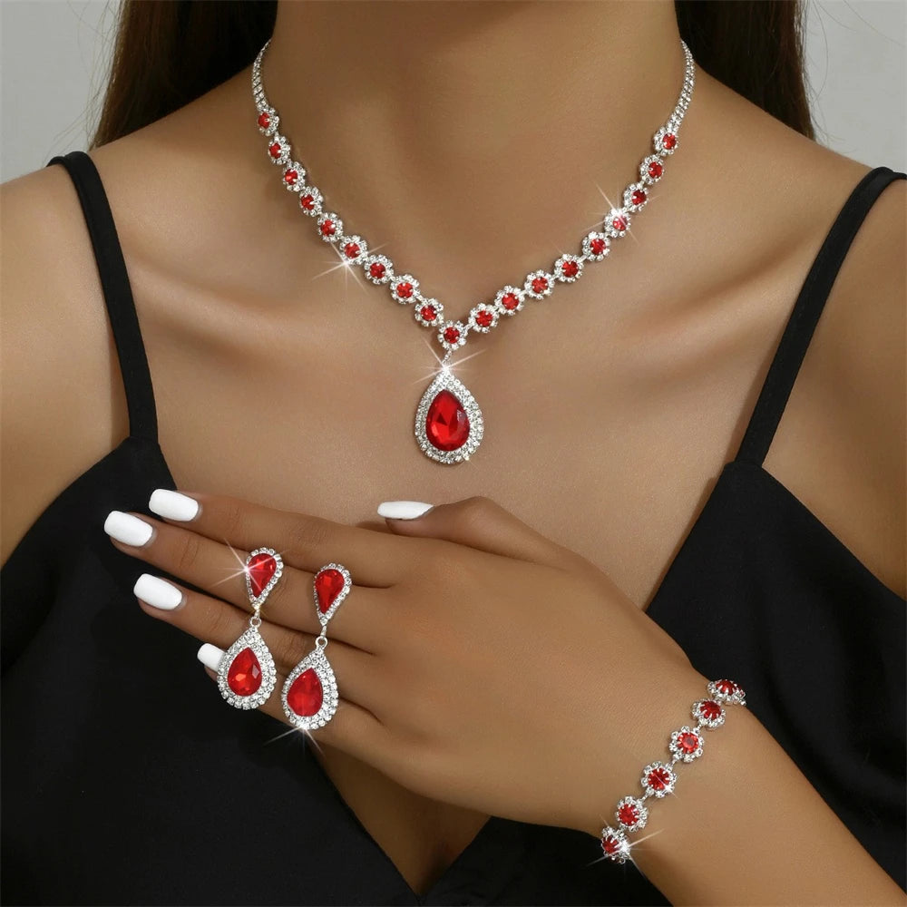 Three-Piece Bridal Wedding Jewelry Set Faux Diamond Flower Embellished Full Necklace and Earrings Stylish Ring Included