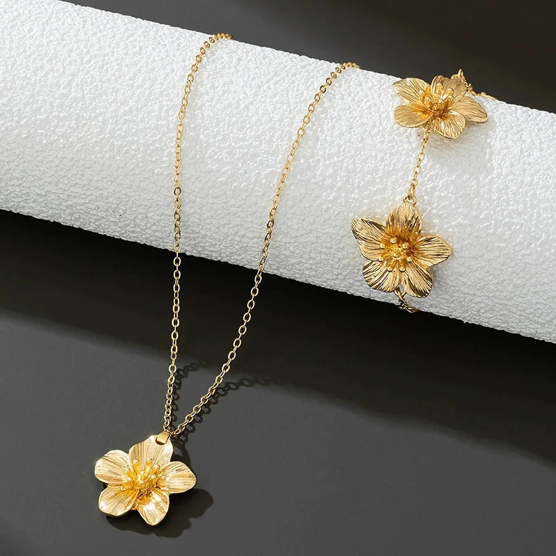 European American Cross-Border Fashion Floral Set for Shein Hot-Selling Golden Stamen Pendant Necklace Bracelet Earrings Women