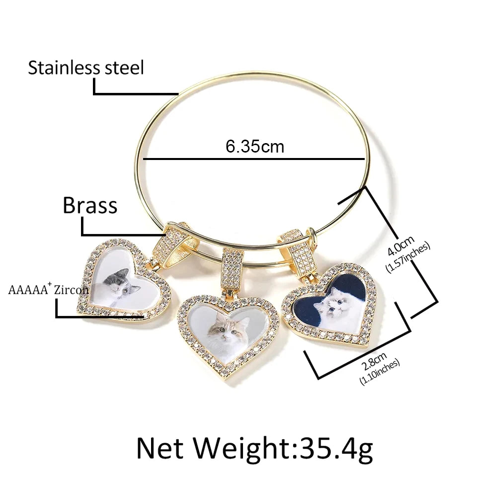 Wholesale Customizable Hip-Hop Jewelry Women Men's DIY Memory Bracelet with Heart Photo Pendant Charm Adjustable Bangle for Gift