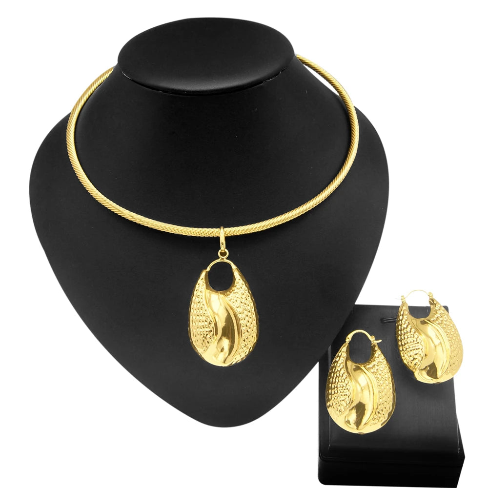Yulaili Fashion Jewelry Set Gold-Tone Textured Teardrop Pendant Necklace &amp; Hoop Earrings
