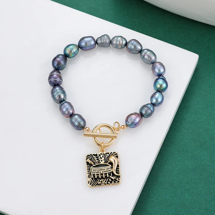 Adjustable Gemstone  Phone Bracelet Real Pearl and Gold Chain Bracelet Black Pearl Men Bracelets Clover