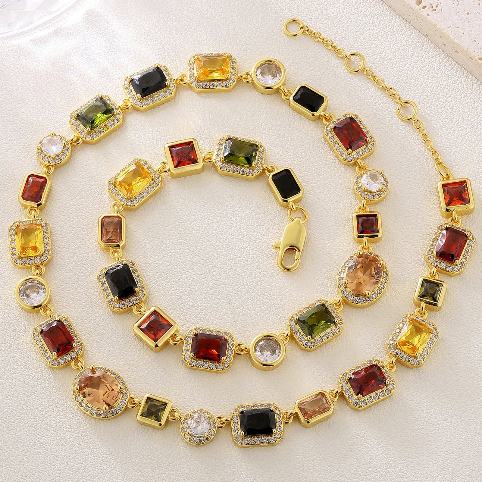 Multi Colored Gem Stone Chain White Gold Plated Vintage Women Choker Jewelry Colorful Rainbow Gemstone Bracelet Necklace Men