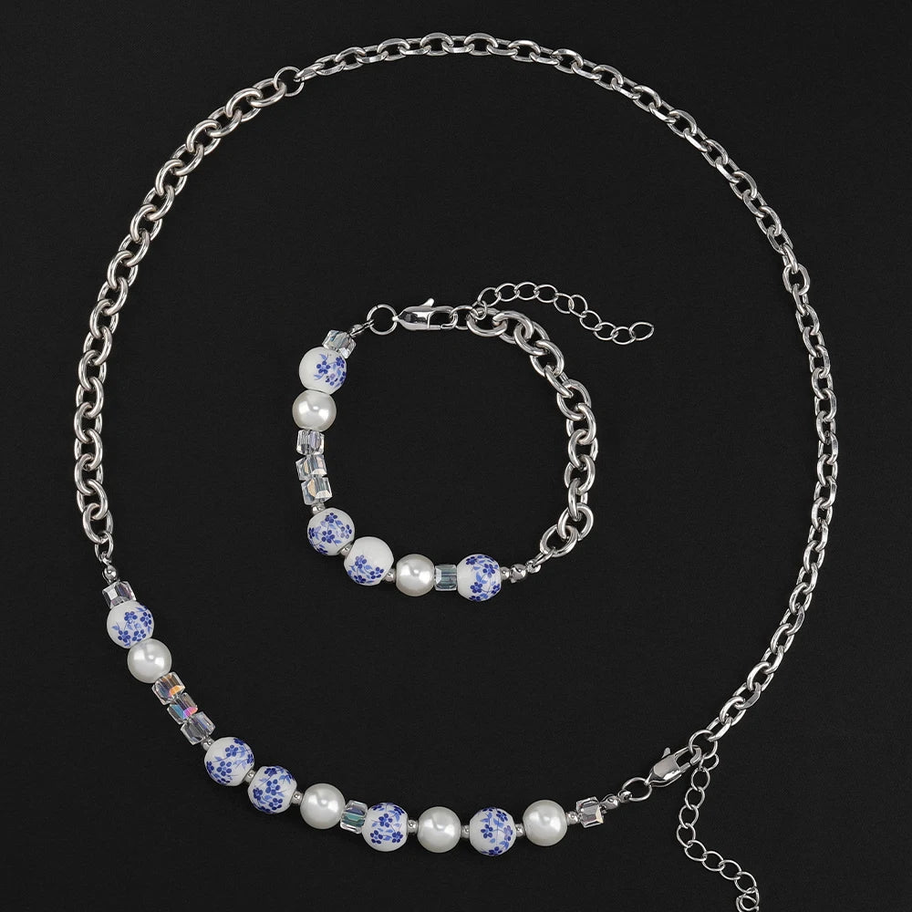 Craft Wolf Original Design Chinese element Blue and White Porcelain Bead Couple Jewelry Bracelet Necklace