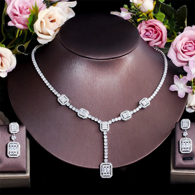 Shiny Baguette Cubic Zirconia Wedding Jewelry Sets Rhodium Plated Earrings and Necklace for Bridal Party for Gift