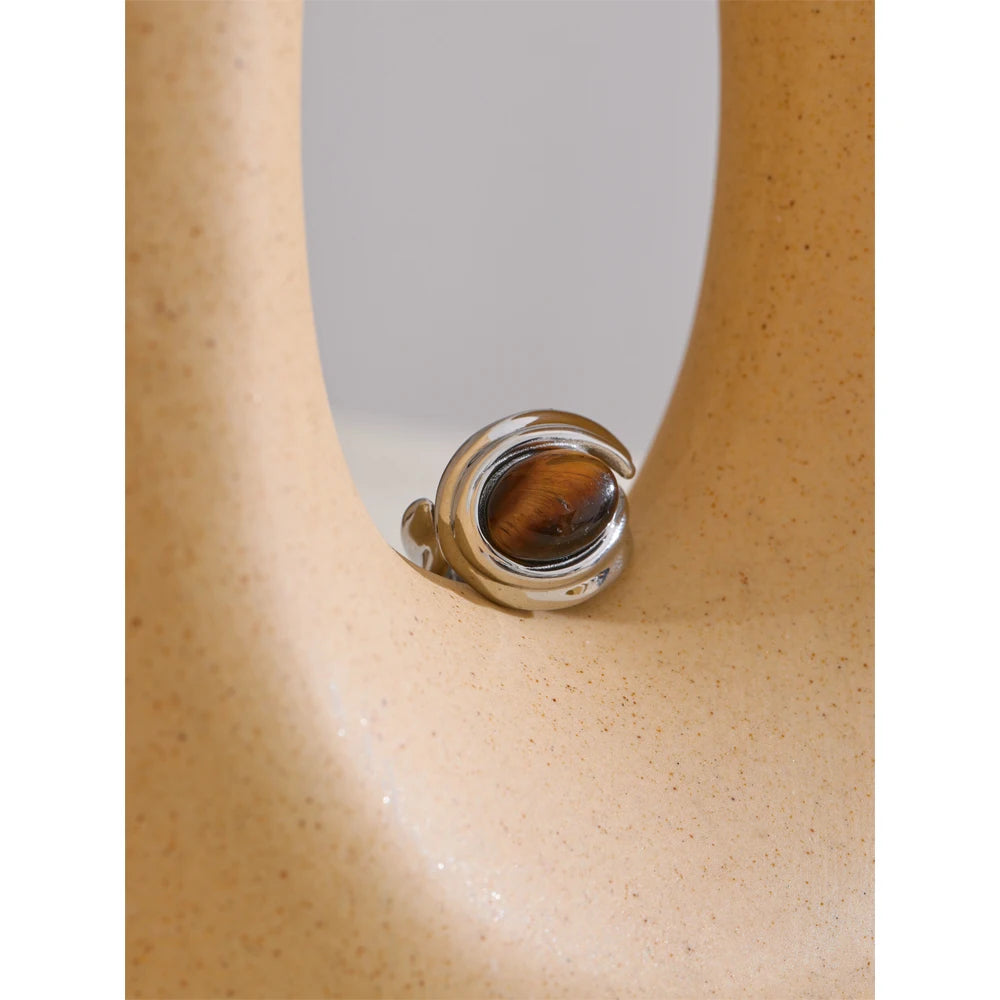 Yhpup popular stainless steel natural tiger stone ring, gold and silver color, waterproof geometric charm jewelry