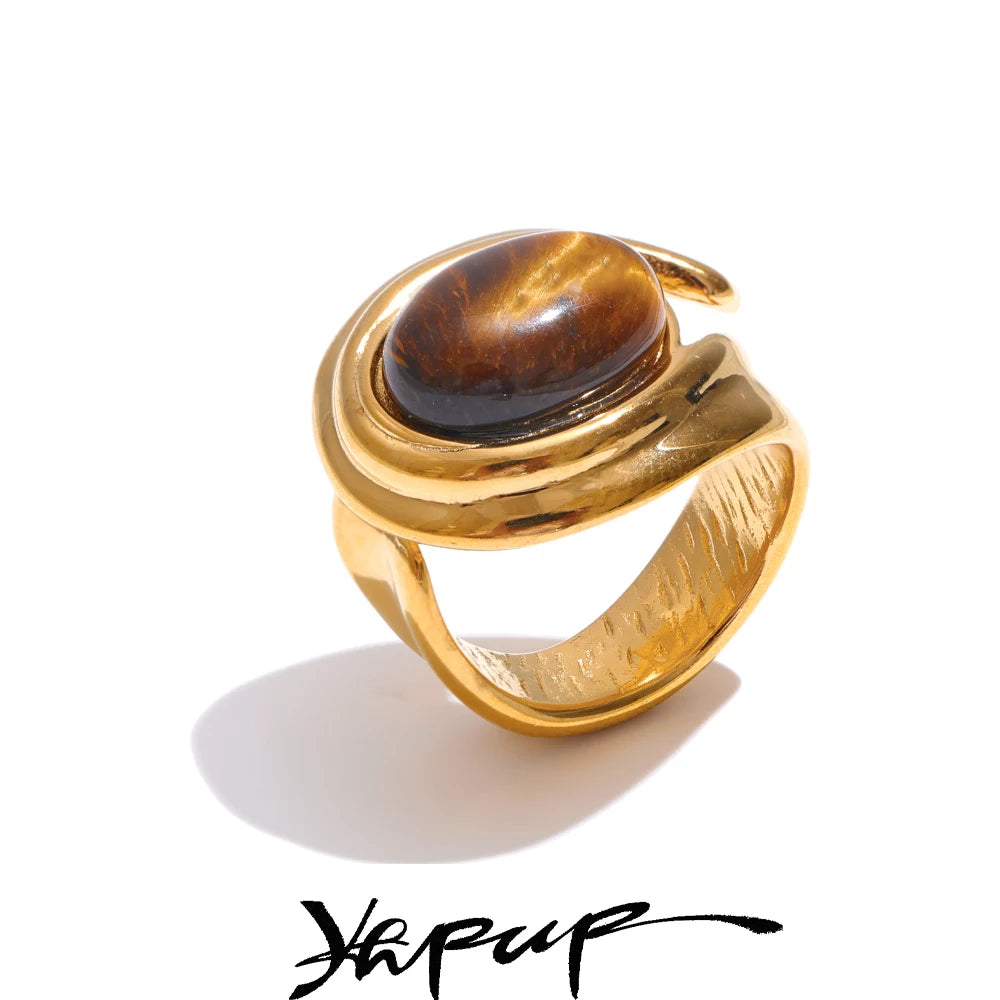 Yhpup popular stainless steel natural tiger stone ring, gold and silver color, waterproof geometric charm jewelry