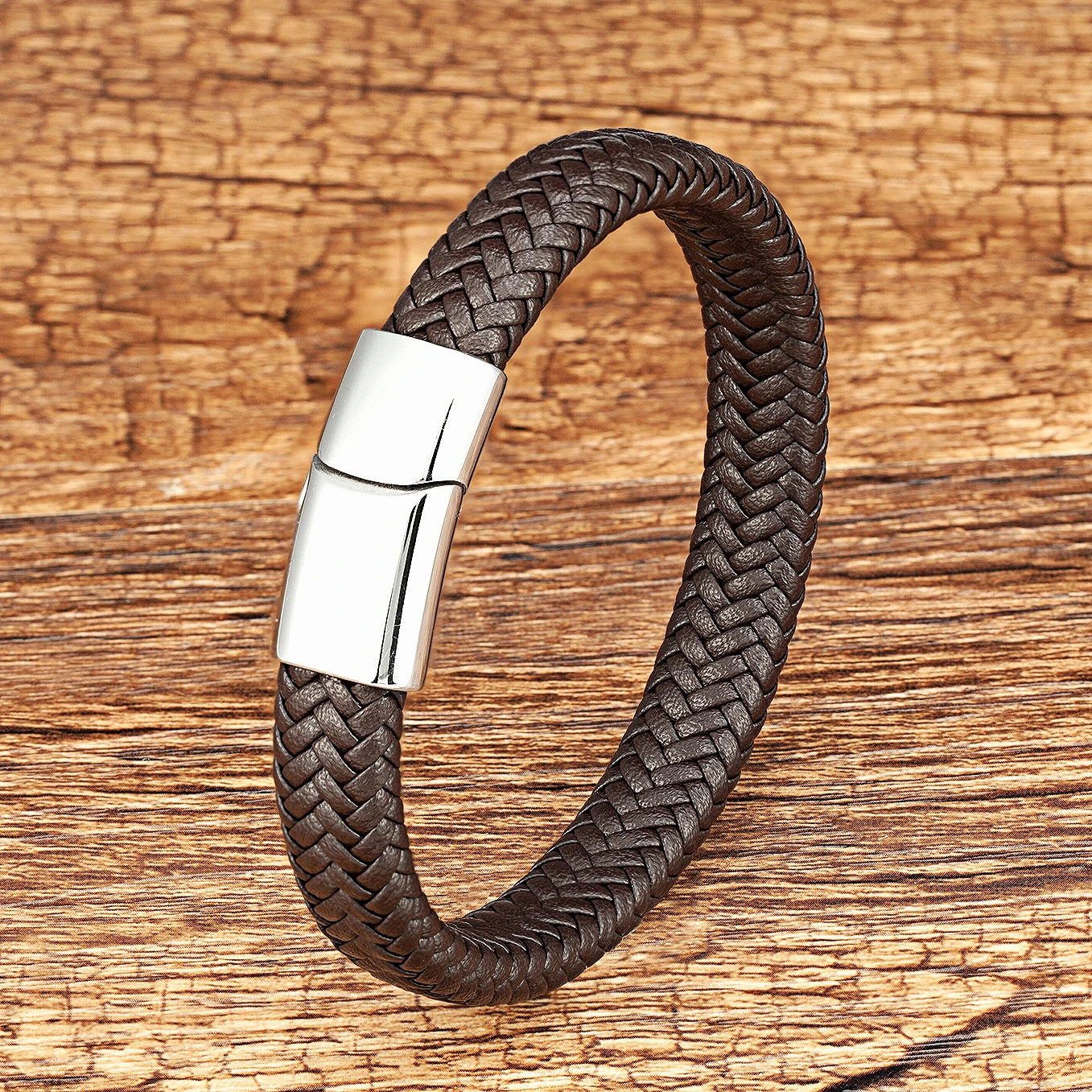 2022 Simple Style tissé homme Bracelet noir marron cuir corde en acier inoxydable fermoir magnétique main Bracelet mode hommes bijoux