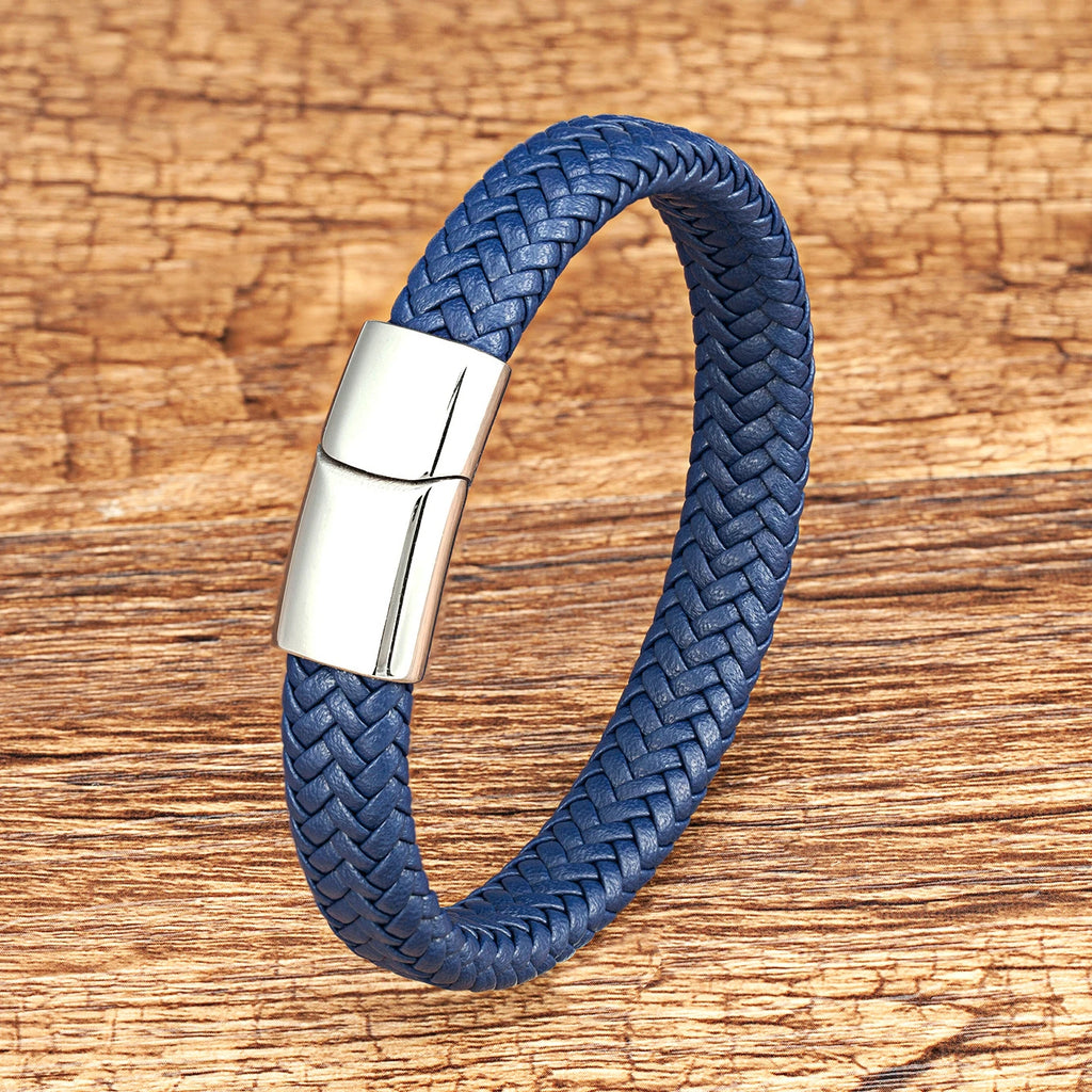 2022 Simple Style tissé homme Bracelet noir marron cuir corde en acier inoxydable fermoir magnétique main Bracelet mode hommes bijoux