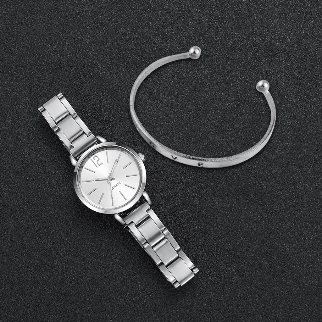 Women's casual stainless steel quartz watch, simple love bracelet, stylish and fashionable, 2-piece set