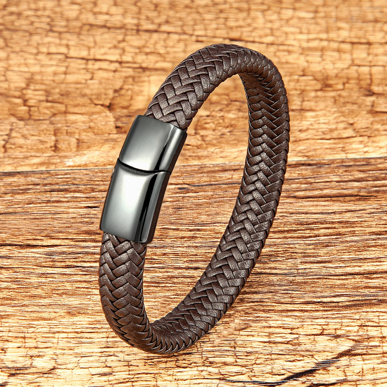 2022 Simple Style tissé homme Bracelet noir marron cuir corde en acier inoxydable fermoir magnétique main Bracelet mode hommes bijoux