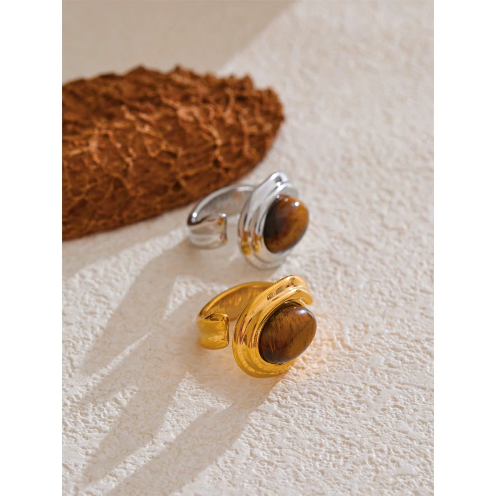 Yhpup popular stainless steel natural tiger stone ring, gold and silver color, waterproof geometric charm jewelry