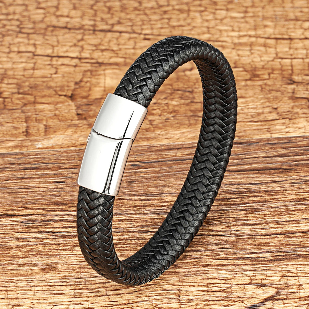 2022 Simple Style tissé homme Bracelet noir marron cuir corde en acier inoxydable fermoir magnétique main Bracelet mode hommes bijoux