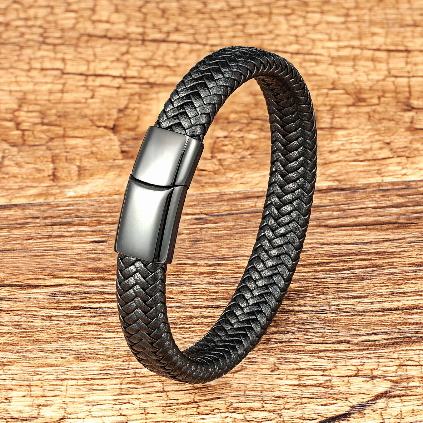 2022 Simple Style tissé homme Bracelet noir marron cuir corde en acier inoxydable fermoir magnétique main Bracelet mode hommes bijoux